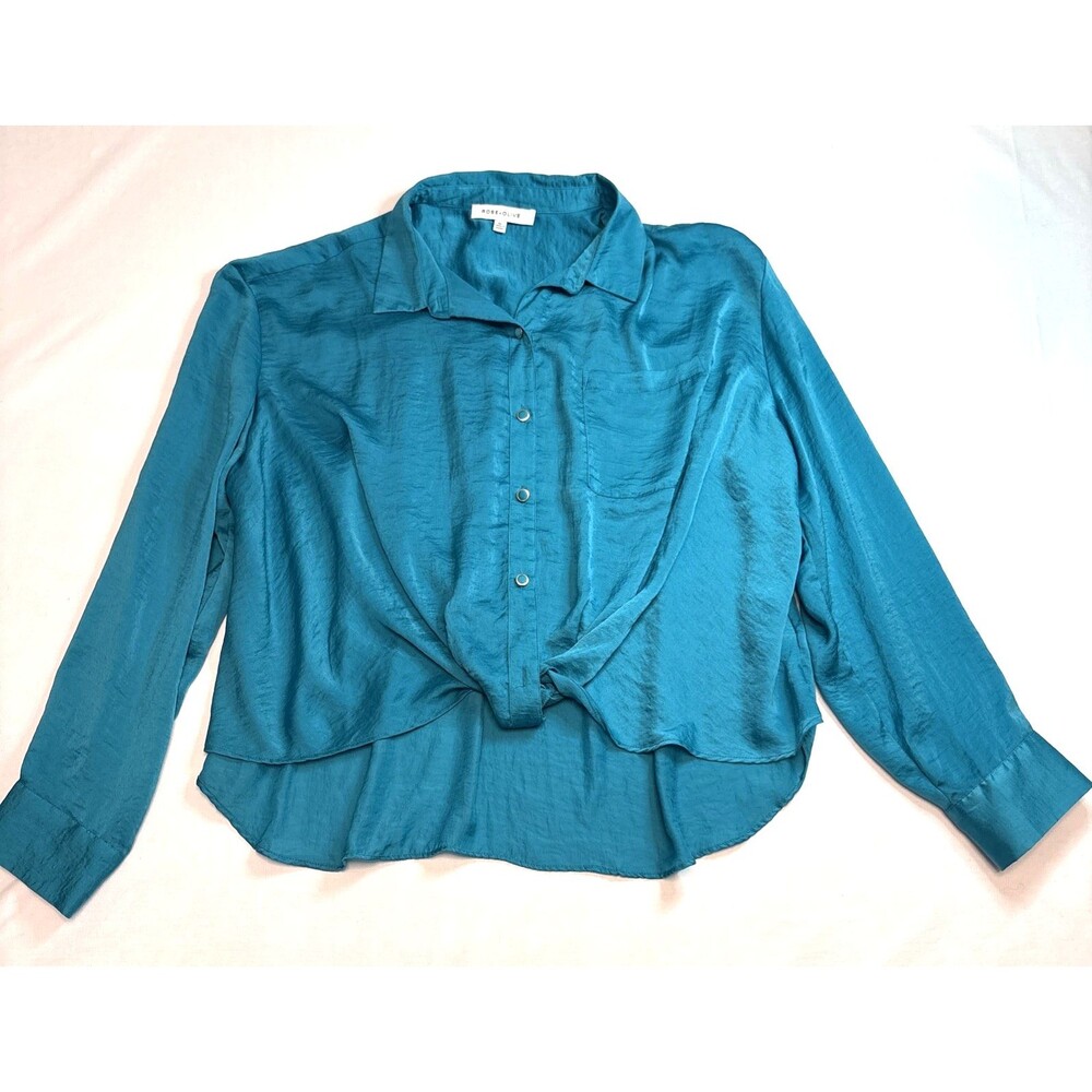 Rose + Olive Women’s XL Teal Tie Front Button Up Blouse Long Sleeve